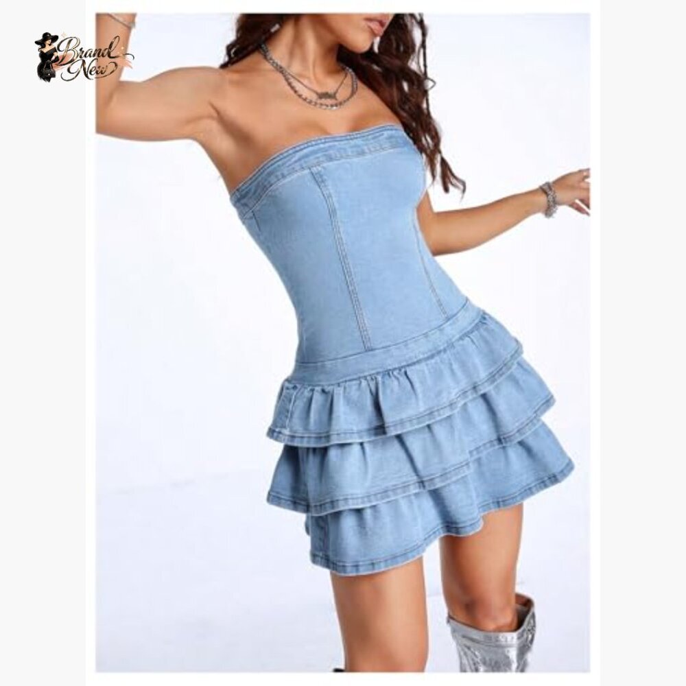 Strapless Denim Mini Dress with Layered Ruffles, Slim Fit Casual Summer - Picture 4 of 6